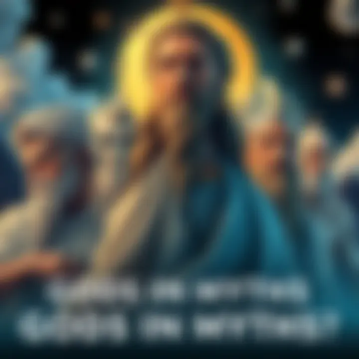 Gods in Myths Illustration showing various gods from different myths with distinct traits, some appearing flawless while others exhibit flaws, set against a backdrop of celestial elements.