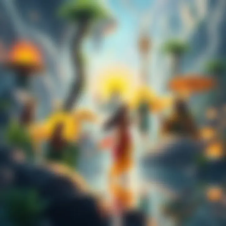 A vibrant scene showing various gods representing life, surrounded by lush greenery and glowing energies, symbolizing the transition from death to life magic.