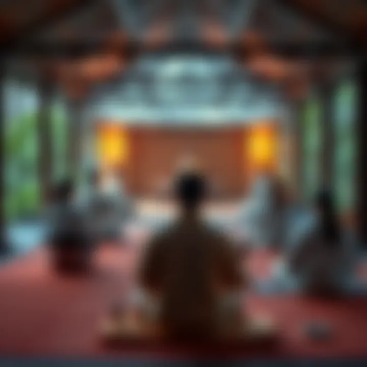 A serene Goenka retreat setting with neurodivergent individuals participating in meditation, showing inclusive practices and support for sensory needs.