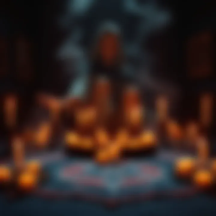 A scene of a goetia evocation ritual with candles, a circle, and mystical symbols