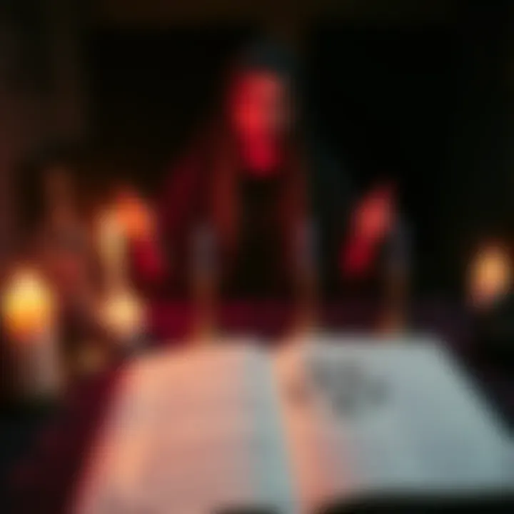 A practitioner performing a Goetia ritual with candles, a pentagram, and an open book of magical teachings on a table.