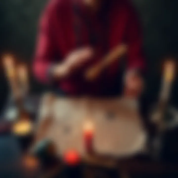 A person conducting a ritual with candles, symbols, and two names on a parchment