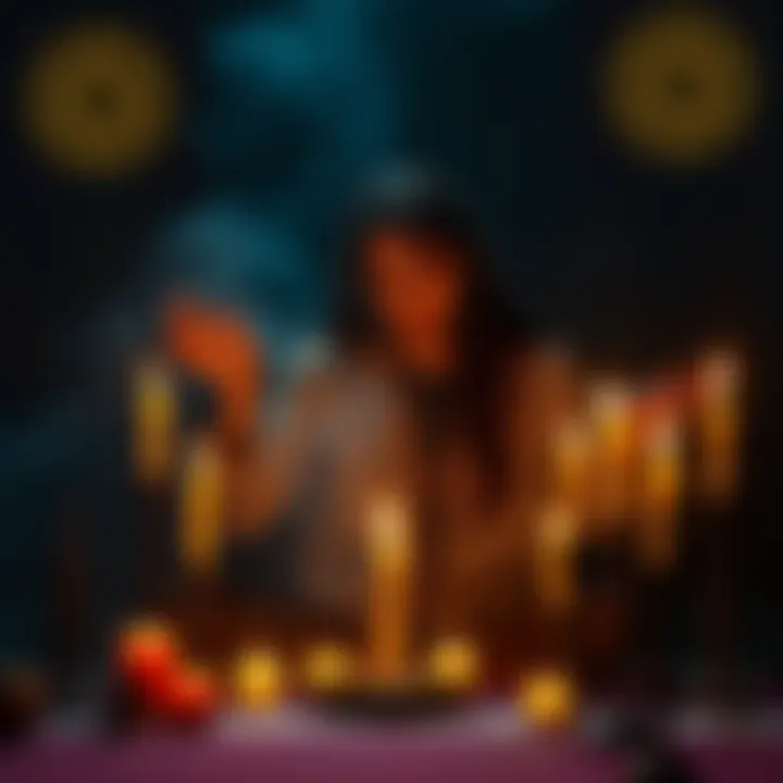 Goetia Pathworking Ritual A person performing a ritual from Goetia Pathworking, surrounded by candles and mystical symbols, experiencing a moment of transformation.