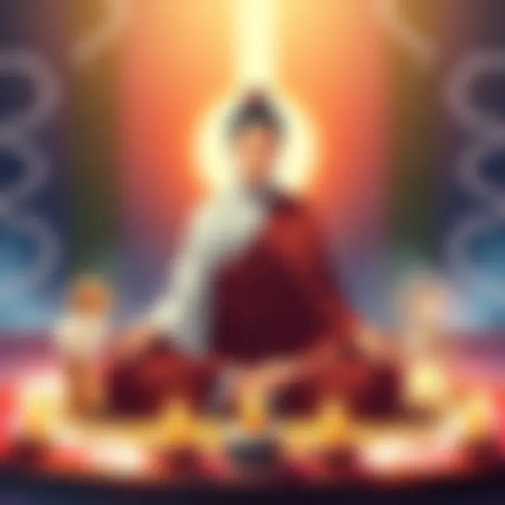 Gojo Satoru from JJK anime in a calm meditative stance, surrounded by symbols representing Buddhist philosophy