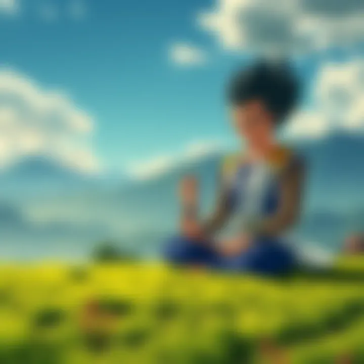 Goku and Vegeta meditating in a peaceful setting, reflecting on their journeys and growth, symbolizing Buddhist philosophy