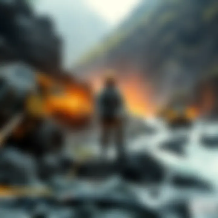 A group of miners searching for gold in a rugged outdoor environment with heavy equipment and rushing water nearby.