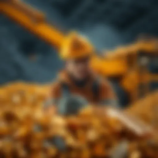 A gold miner examining a pile of gold nuggets with mining equipment in the background