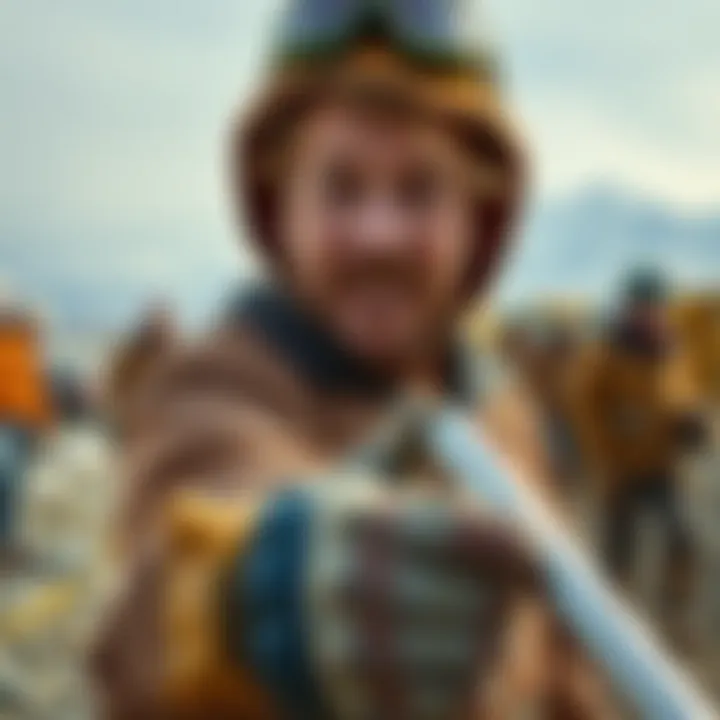 Parker Schnabel in action, panning for gold in the Alaska wilderness, surrounded by crew members and mining equipment