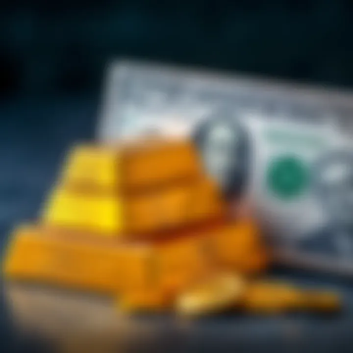 A stack of gold bars next to a U.S. dollar bill, symbolizing the relationship between gold prices and U.S. policies.