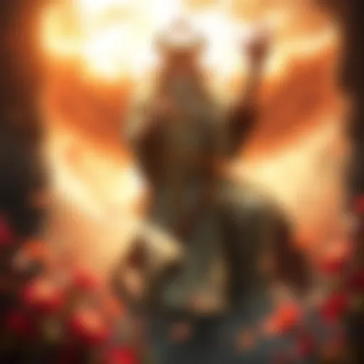 A powerful figure representing the Golden Lord of Heaven, surrounded by nature and sunlight, portraying a romantic and majestic presence.