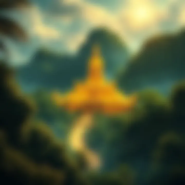 Illustration of a mythical gold city surrounded by lush jungle, depicting the legend of El Dorado.