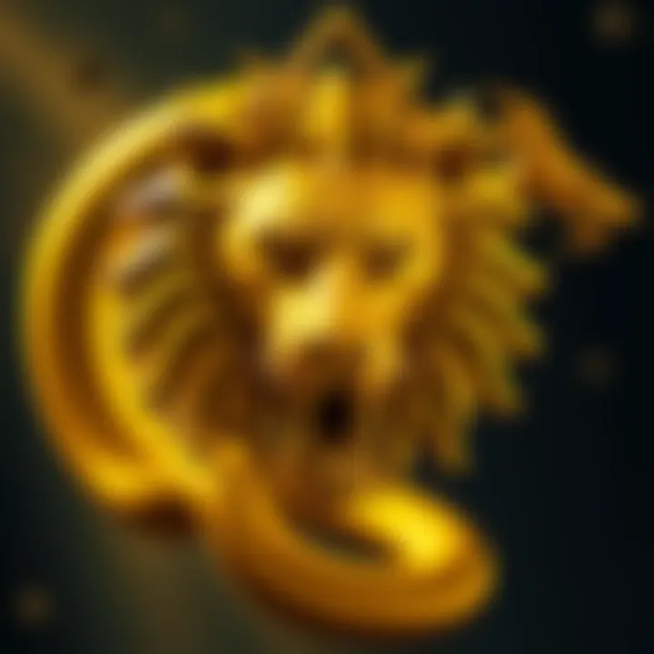 Golden Lion Head Symbolizing Yaldabaoth A golden lion head representing the Gnostic figure Yaldabaoth, with a serpent's body in the background. The image captures the essence of divinity and malevolence in Gnosticism.