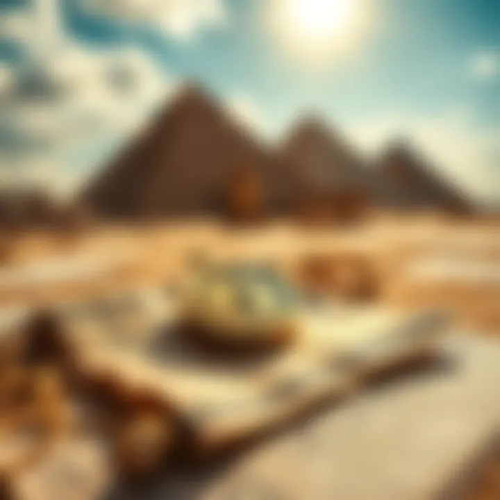 A golden pocket sundial resting on a faded papyrus scroll, surrounded by Egyptian hieroglyphs and an ornate backdrop of pyramids under a sunny sky.