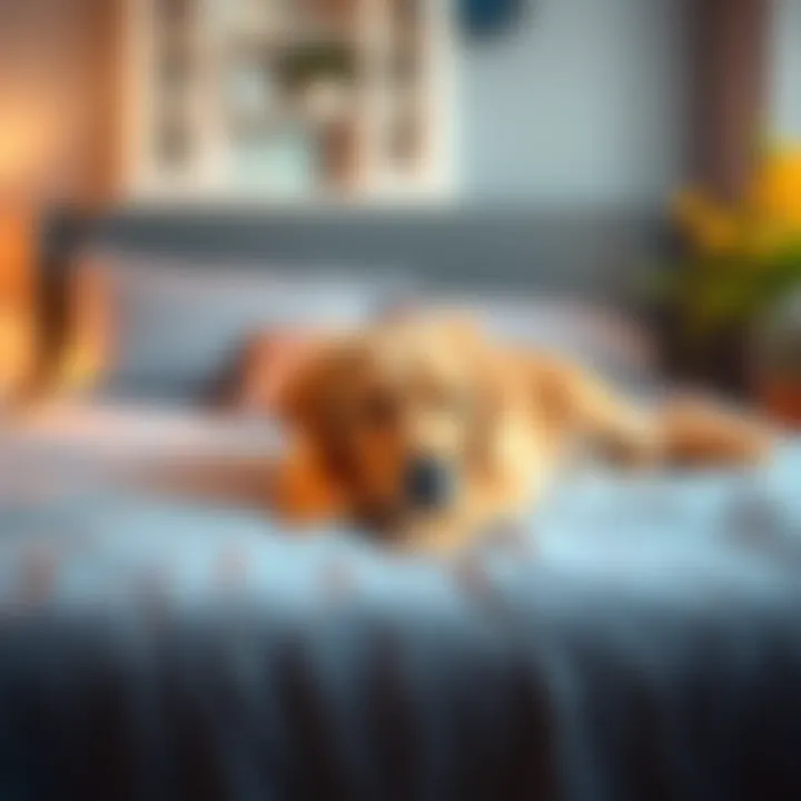 A golden retriever lies peacefully on a bed, radiating warmth and calmness during a meditation session.