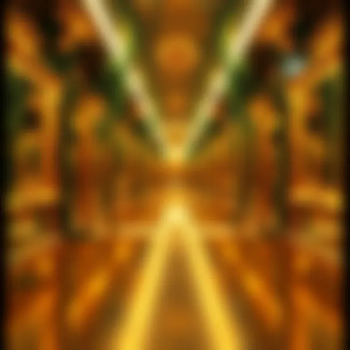 Golden Room with Mirrors A bright golden room filled with mirrors and thick green vines, creating a surreal atmosphere.
