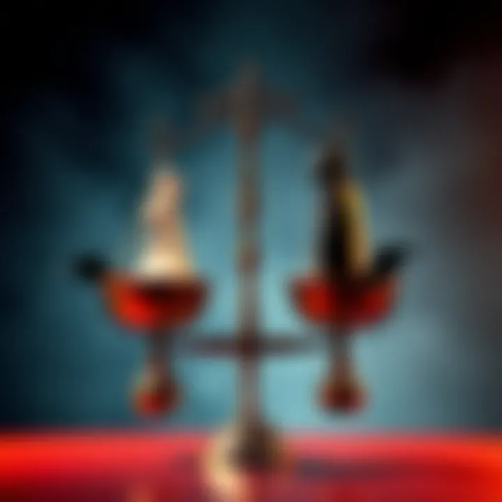 A scale balancing a light and dark figure, representing the choice between good and bad traits in life, reflecting on karma and moral decisions.