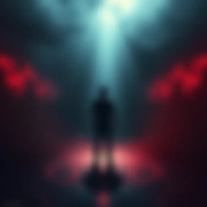 Good and Evil Symbolism A person standing at a crossroads with a bright light on one side and dark shadows on the other, representing the choice between good and evil.