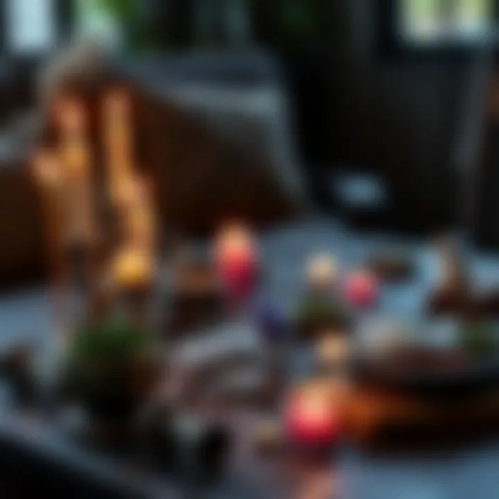 A table set with spell ingredients like candles, herbs, and crystals, symbolizing a good luck spell attempt