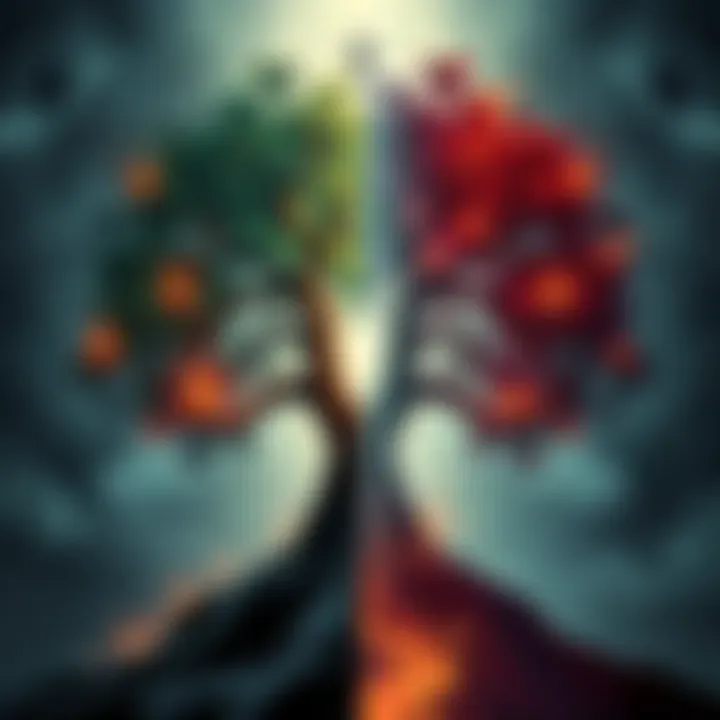 Symbol of Good and Evil An illustration showing a tree representing the knowledge of good and evil, with light and dark elements symbolizing faith and morality.