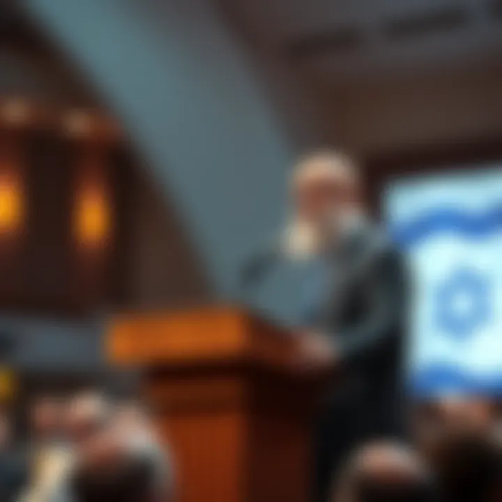 Good Goyim stands confidently at a podium addressing an audience about Israel's actions on October 7.