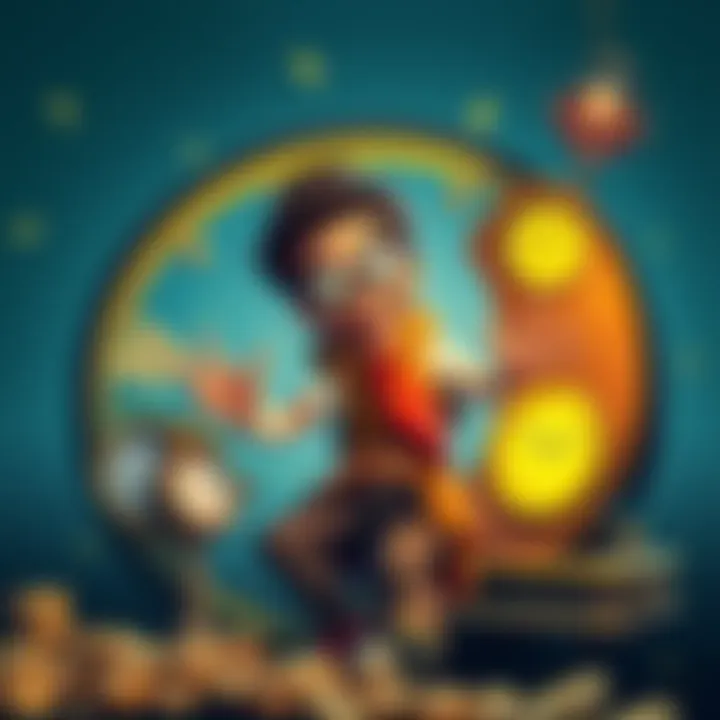 A funny character joyfully operating a time machine while dreaming of rich schemes, with piles of money and clocks around.