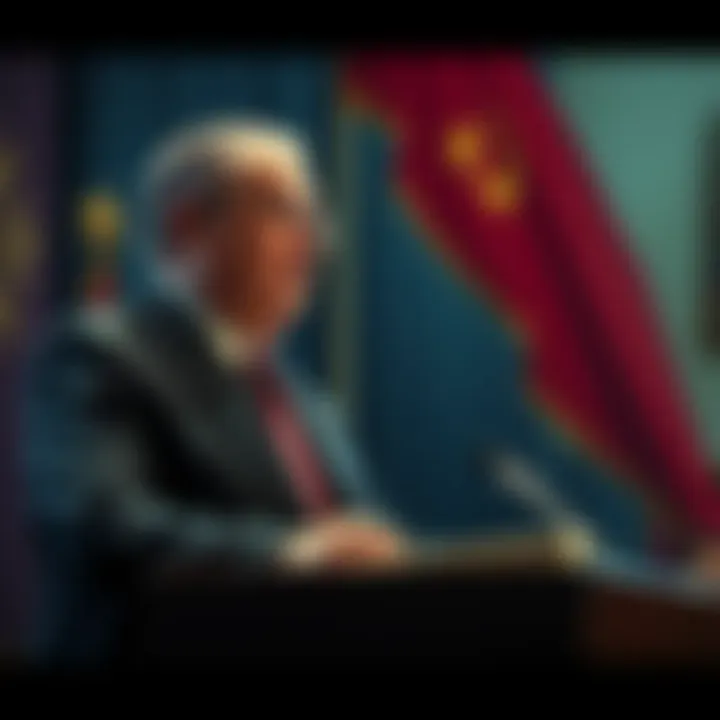 Mikhail Gorbachev speaking at a podium, with the Soviet flag in the background, symbolizing his political transition.