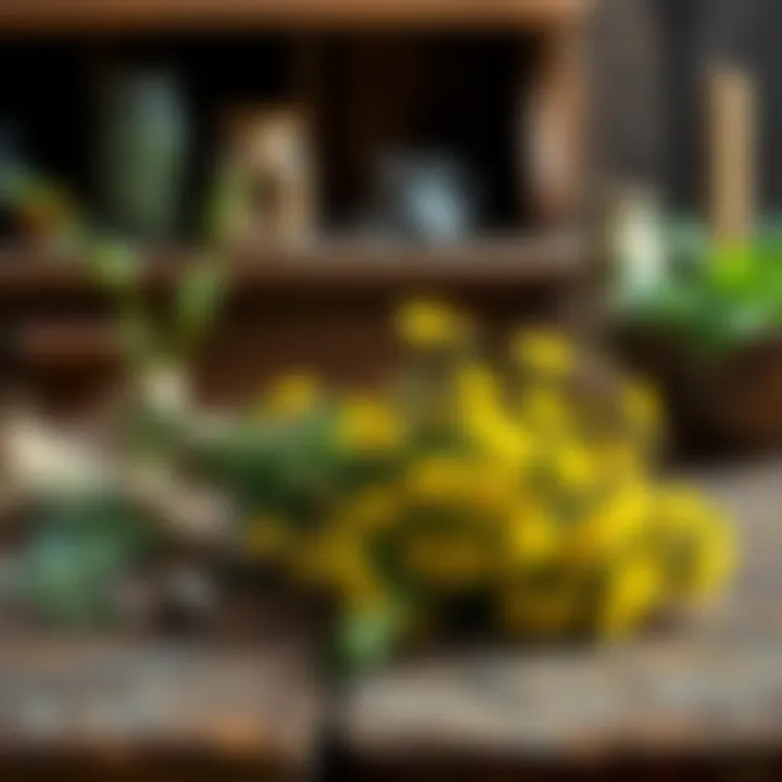 A small bouquet of bright yellow gorse flowers placed on a wooden table, surrounded by various herbs for spellwork.