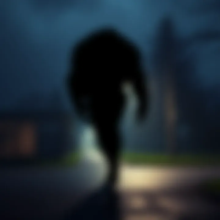 A shadowy figure resembling a large, dark-furred creature lurking near a kindergarten at night in Gothenburg, Sweden