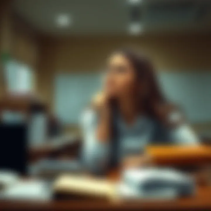 A young woman pondering two paths: preparing for a government job or studying for an MBA, with books and papers representing both options on a desk.
