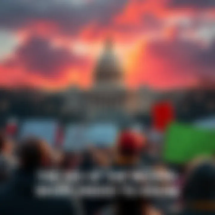A crowd of concerned citizens looking at a government building with protest signs about political issues.