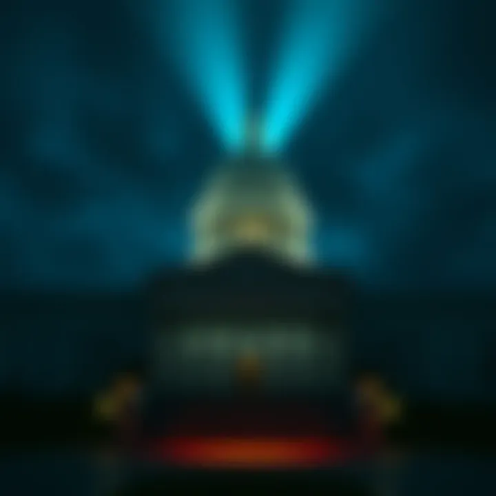 A darkened government building with a spotlight shining down, symbolizing hidden truths about a potential cancer cure.