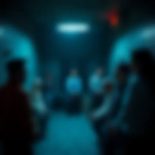 A group of telekinesis practitioners gather in a dimly lit room, discussing government conspiracies while looking concerned.