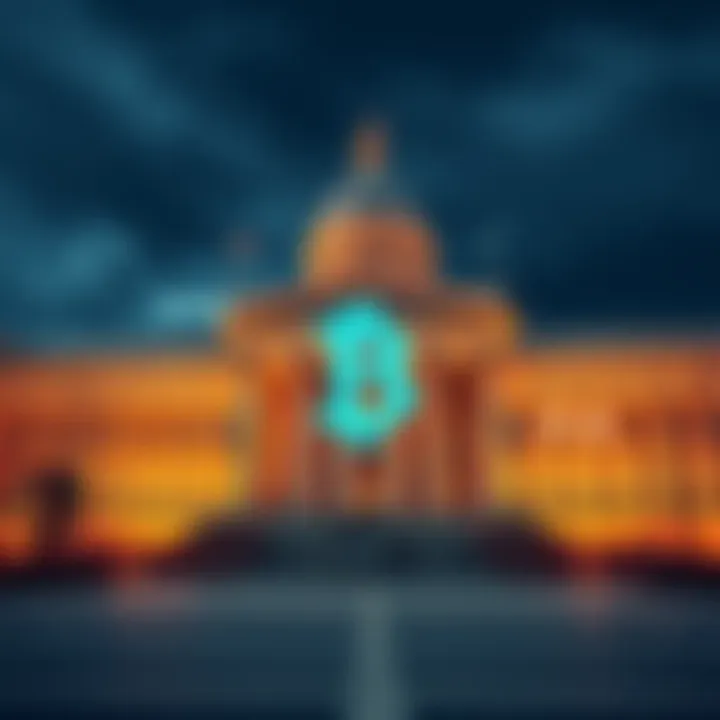 An image showing a government building split with a digital currency symbol, symbolizing the clash between traditional finance and decentralized currency.