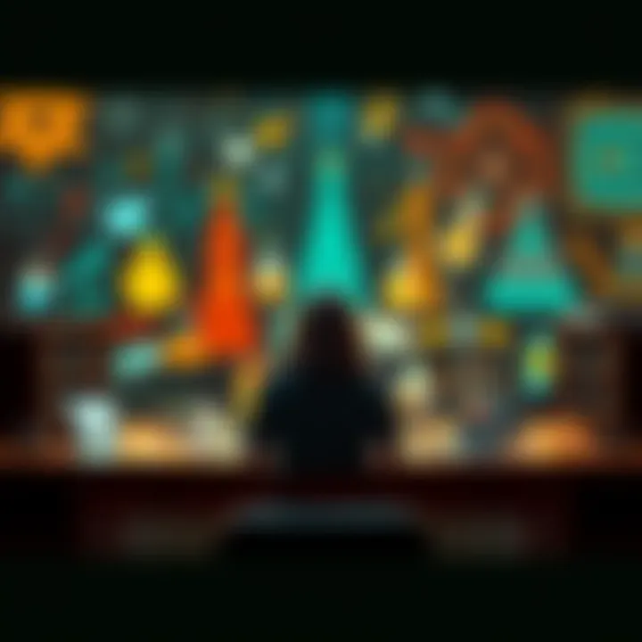 A person sitting at a desk surrounded by social media icons, looking thoughtful, with a background of abstract science images representing experiments.