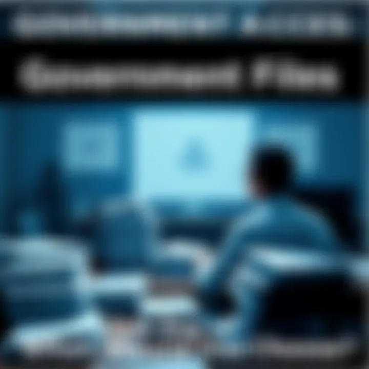 Government Files Access A person sitting at a desk, looking at stacks of documents and a computer screen with government agency logos visible, pondering which files to choose.