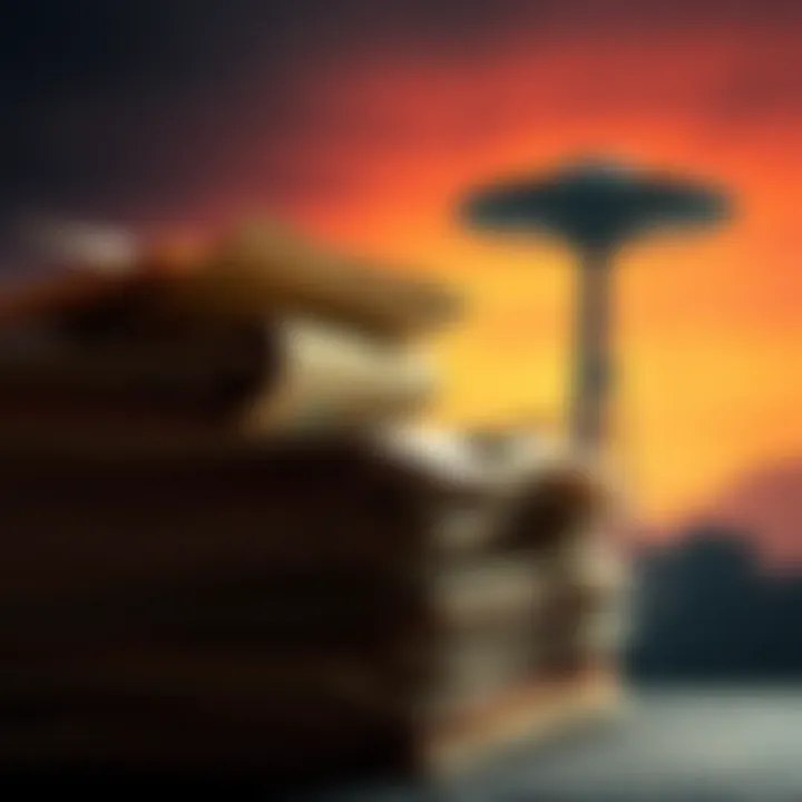 A stack of old government files with a UFO silhouette in the background