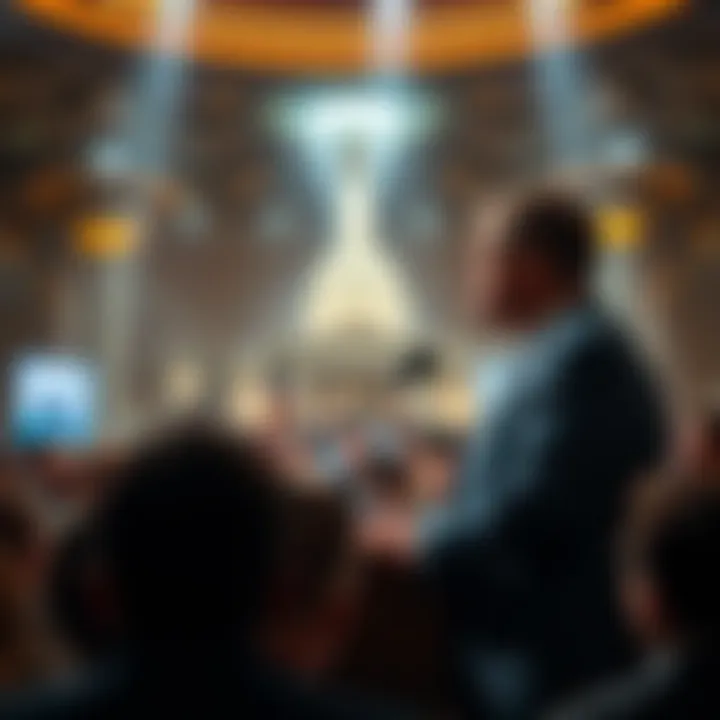 A government official stands at a podium, addressing a crowd about UAP technology and potential disclosures. The audience looks engaged and curious.