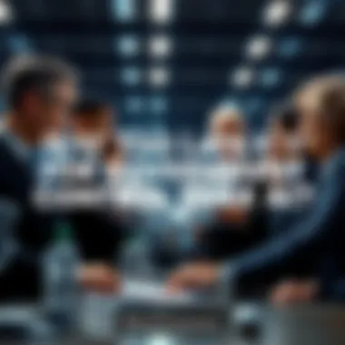 A group of diverse government officials gathered around a table, reviewing documents about artificial intelligence regulations.