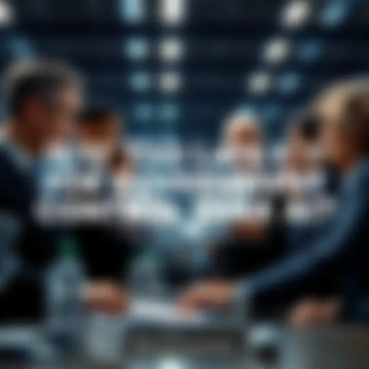 A group of diverse government officials gathered around a table, reviewing documents about artificial intelligence regulations.