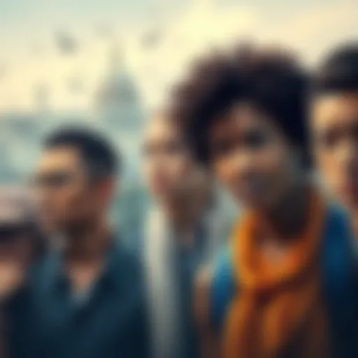 A group of diverse individuals showing concern and confusion about drug use stigma and government actions, with a cityscape in the background representing societal views.