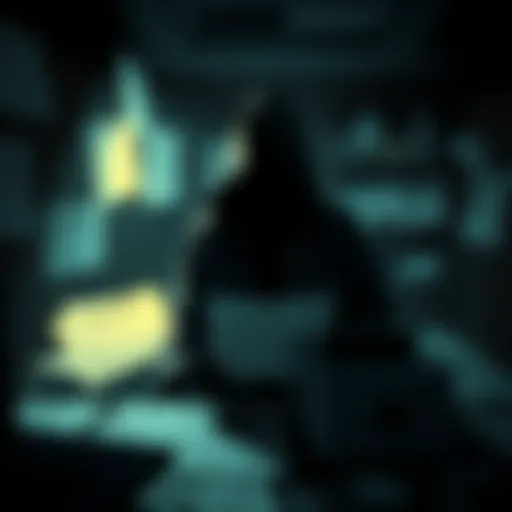 A shadowy figure in a dark room, surrounded by classified documents and strange technology related to NHI discussions.