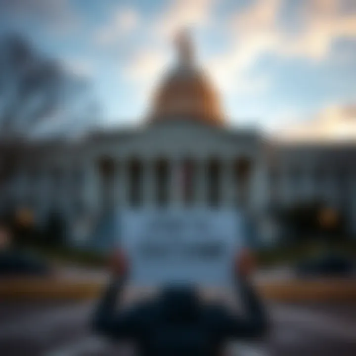 Government Shutdown Impact A person holding a sign that reads 'Stop the Shutdown' outside a government building, symbolizing concern over agency changes and privatization.