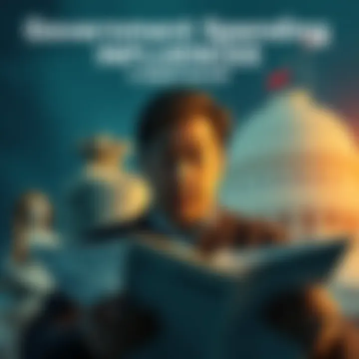 A person looking concerned while reviewing bills and financial documents, with symbols of government spending in the background like a money bag and a public building.