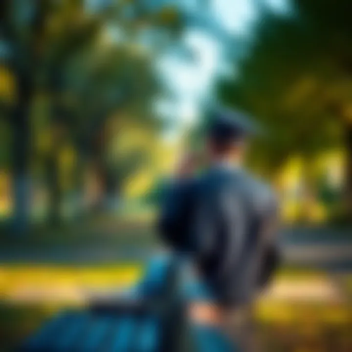 A young graduate sits on a park bench, looking thoughtful and introspective, surrounded by trees and a sunny atmosphere, symbolizing healing and hope.