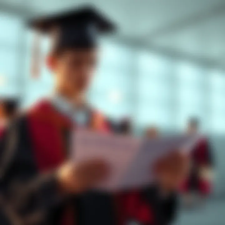 Graduate with Transition Chart A student checks their transition chart while wearing a graduation cap and gown, looking thoughtful about their academic journey.