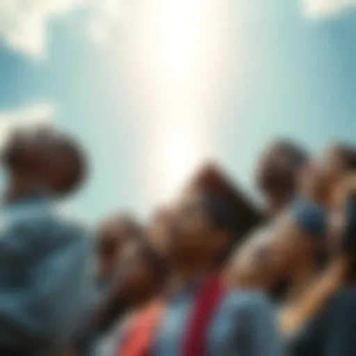 A group of diverse people looking upward, symbolizing hope and spiritual advancement, with a bright light in the sky