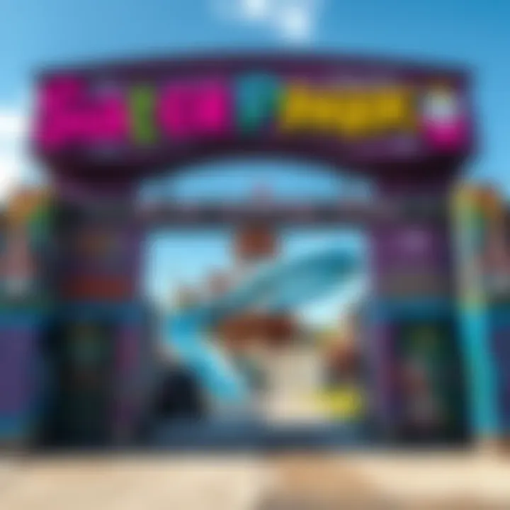 Entrance to an abandoned waterpark with colorful graffiti art and murals of artists like XXXTentacion and Jaydes
