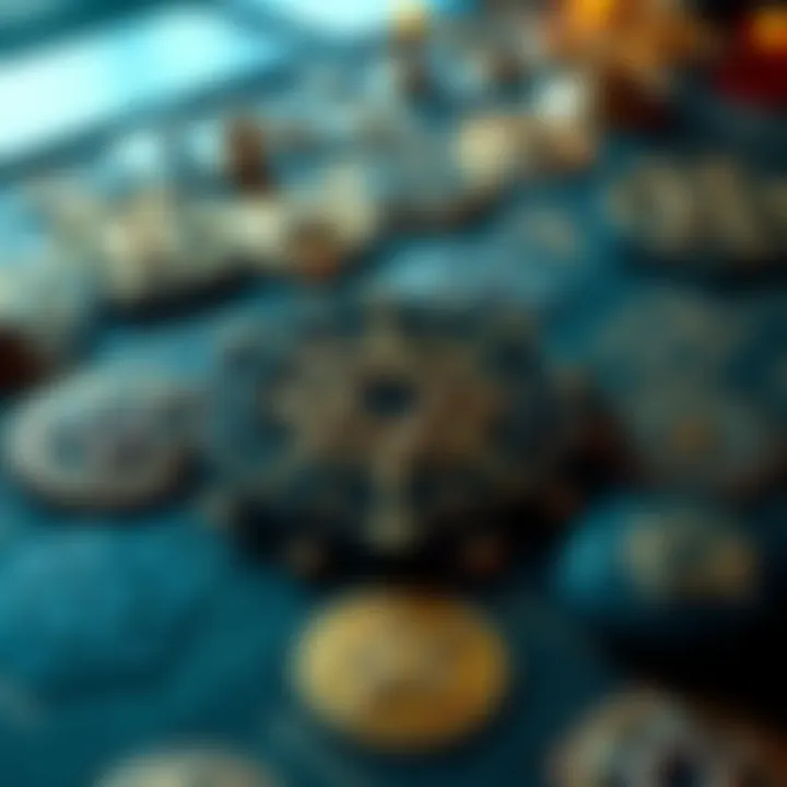 Different designs of the Grand Pentacle of Solomon with various symbols displayed on a table