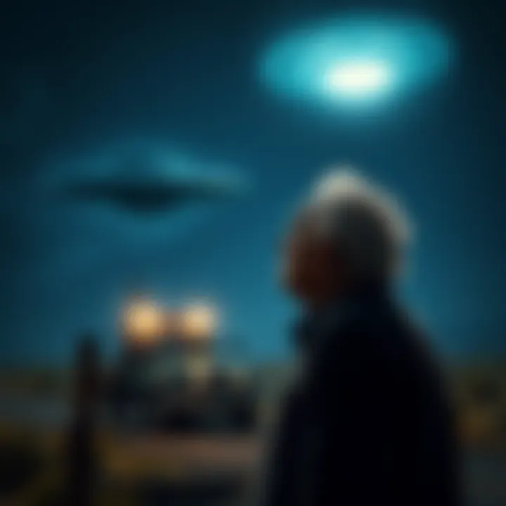 An elderly man looking up at a bright light in the night sky, representing a UFO sighting, with a truck parked nearby, signifying his connection to the Val Johnson incident.
