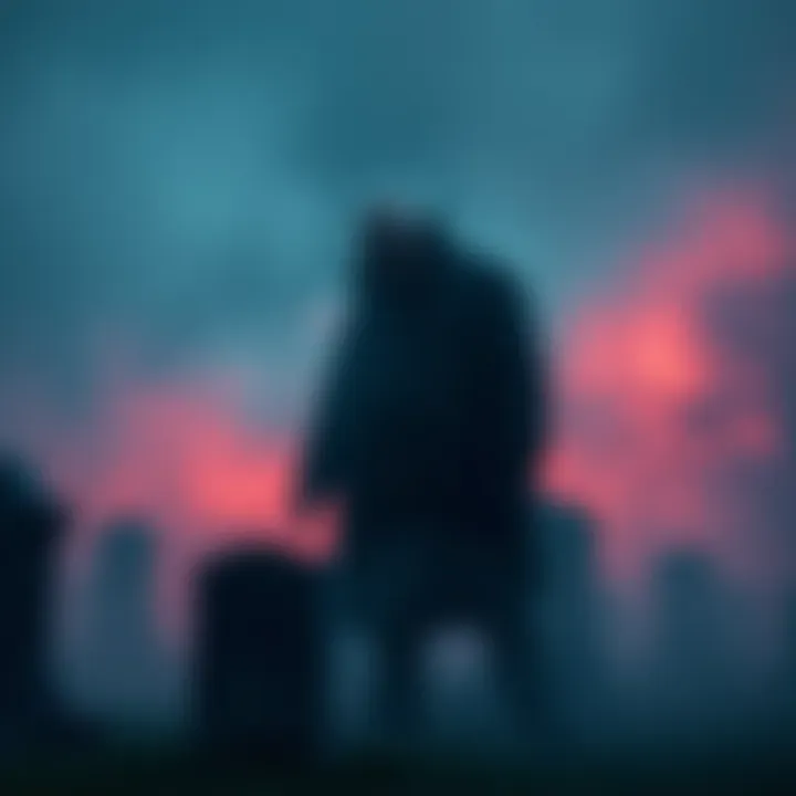 A mysterious figure resembling an elderly man surrounded by mist at a gravesite